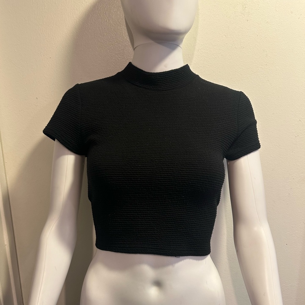 Black sweater knit ribbed cropped turtleneck top